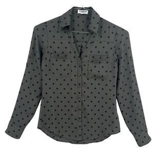 Express Portofino Slim‎ Fit Shirt Olive Green Polka Dot Roll Tab Sleeve XXS
